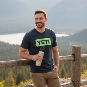 YETI Men's Dark Blue Tee with Green Logo